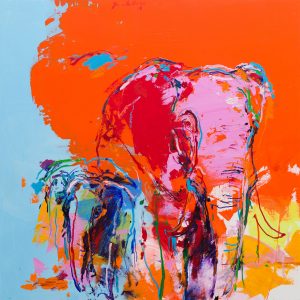 Schilderij olifanten oranje blauw