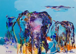 Schilderij olifanten blauw